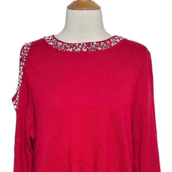 INC International Concepts XL red jeweled neck and 1 shoulder cut out sweater‎ - Picture 3 of 7
